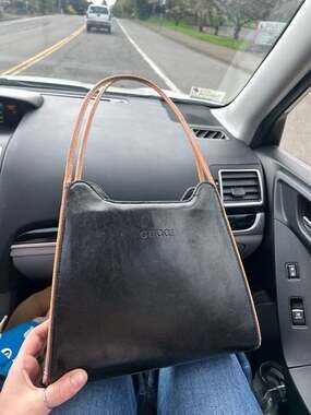 Vintage 1960s Gucci Black Leather and Brown Trim Trapezoid Shoulder Bag